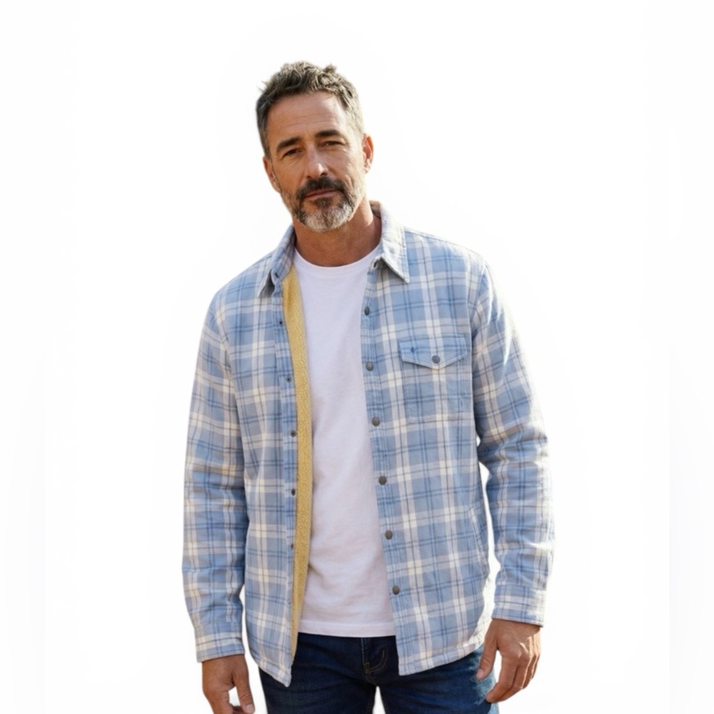 Criquet brand flannel shirt jacket in a blue plaid pattern with fleece lining L